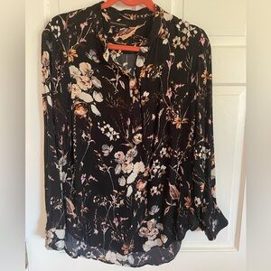 Banana Republic Mock Neck Button-Up Floral Silk Blouse Black & Pink Med